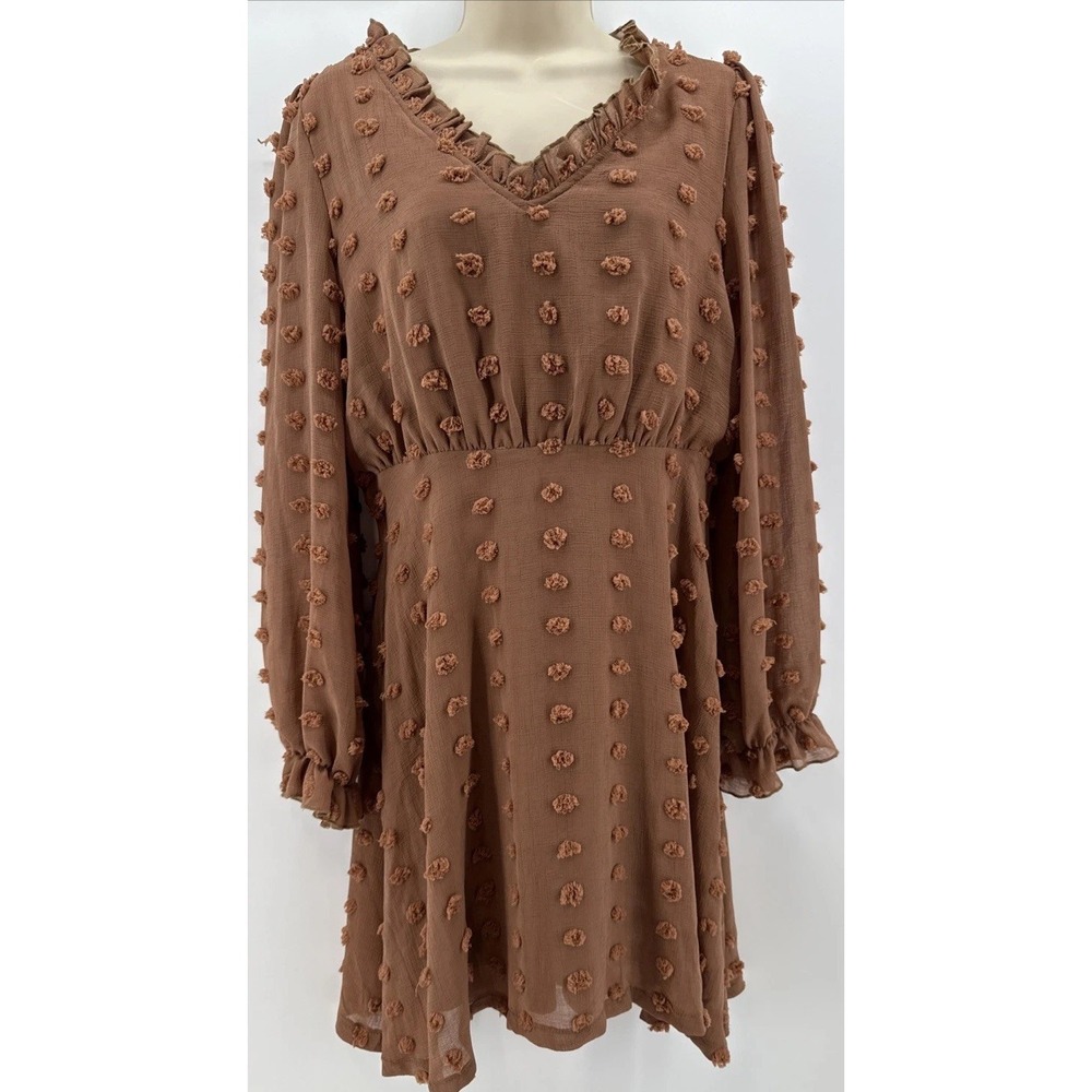 Baevely Ruffle‎ Three D Dress Brown V Neck Ruffle Sleeves Small